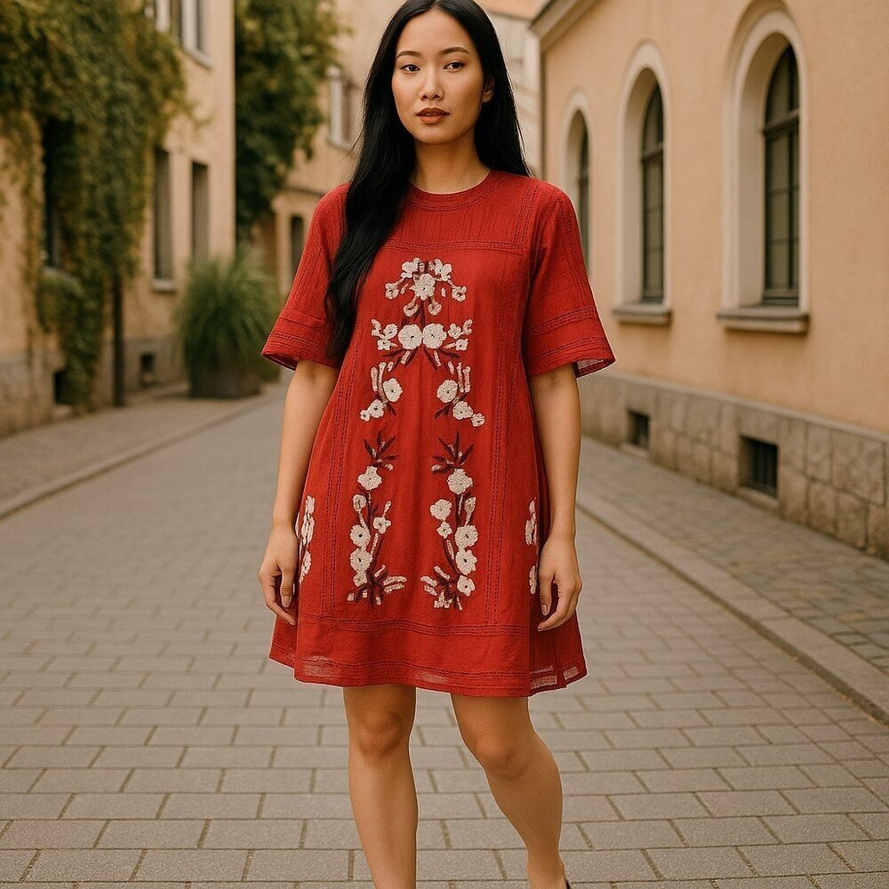 Free People Womens Small Red Victorian Flower Embroidered Short Sleeve Dress
